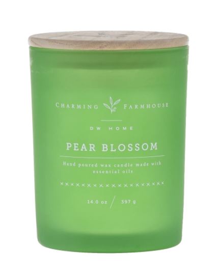 נר בכלי זכוכית ירוק עם מכסה עץ - Pear Blossom